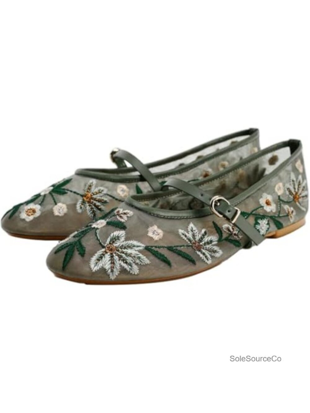 Floral Mesh Ballet Flats with Strap Round Toe Slip On Comfort Shoe